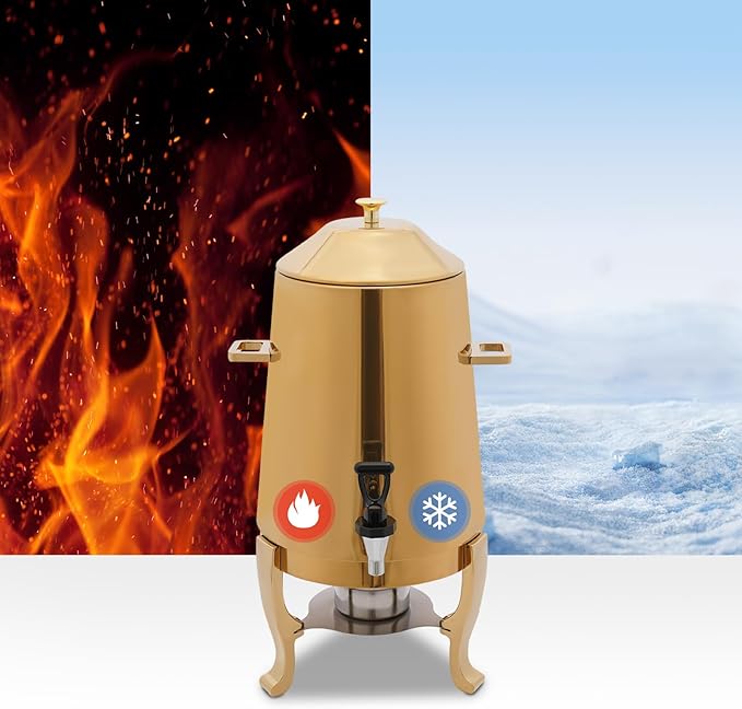 Stainless Steel Beverage Dispensers, Drink Dispenser with Fuel Holder & Base & Stainless Steel Faucet 3.4Gal Hot Beverage Dispenser, Commercial Coffee Urn for Hotels, Canteens（All Gold）