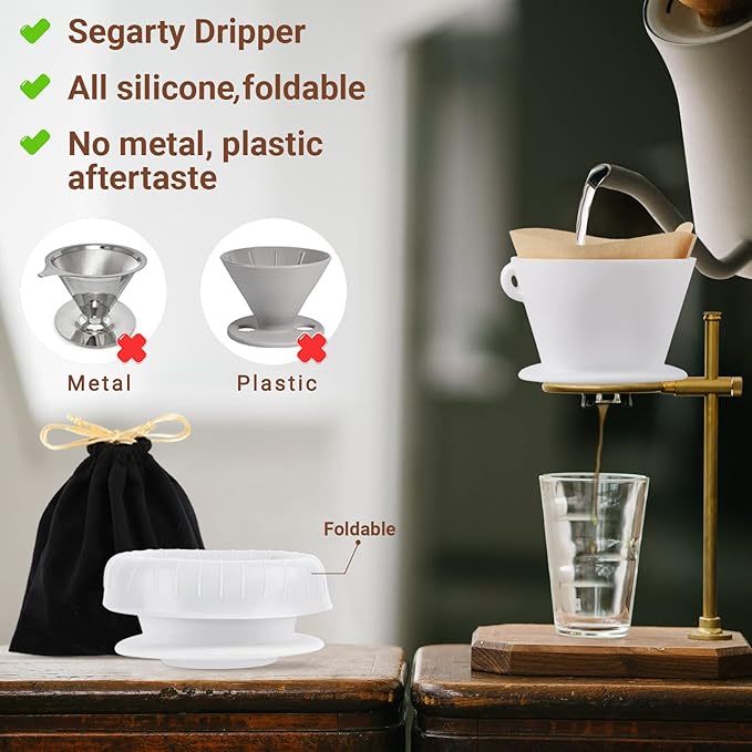 Segarty Camping Pour Over Coffee Maker, White Collapsible Silicone Coffee Dripper Single Cup with Storage Bag, Cone Filter Drip Holder, Slow Brewer for Travel, Backpacking