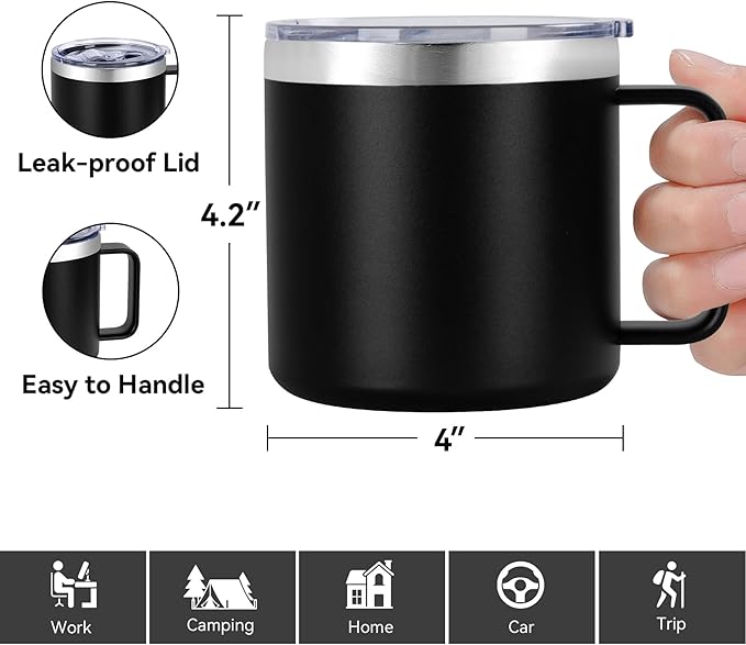 VEGOND 14 oz Insulated Coffee Mug Bulk with Handle, Stainless Steel Travel Coffee Mug with Lid, Double Wall Vacuum Metal Coffee Cup, Coffee Tumbler Powder Coated, Black 8 Pack