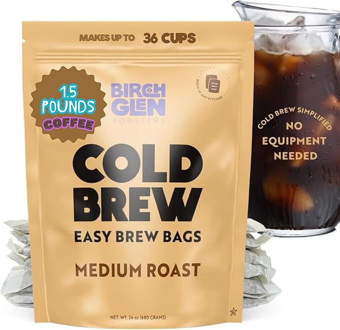 Birch Glen Roasters Cold Brew Coffee Bags - 12 Pack of Coarse Ground Coffee Filter Pitcher Packs for Easy Brewing - 100% Arabica - Yields 6 Pitchers - Medium Roast