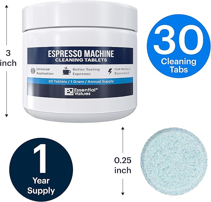 Essential Values Espresso Machine Cleaning Tablets (30 Tablets), Compatible with Breville Barista Express, Gaggia, Delonghi, Jura, Philips - Universal Descaler for Espresso Machines