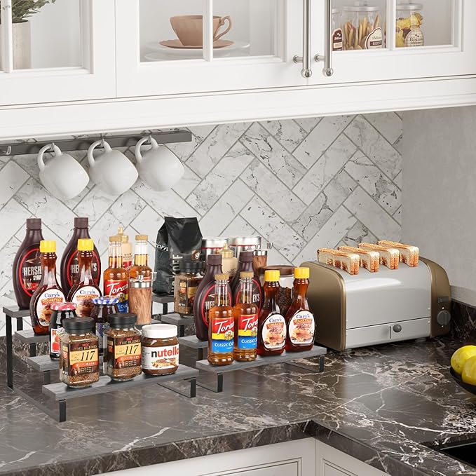 YINMIT Wooden Display Riser Stand, Tiered Perfume and Cologne Organizer Stand, 4 Tier Spice Rack Organizer, Rustic Display Shelf for Candles (4 Tier,2Pack,Grey)