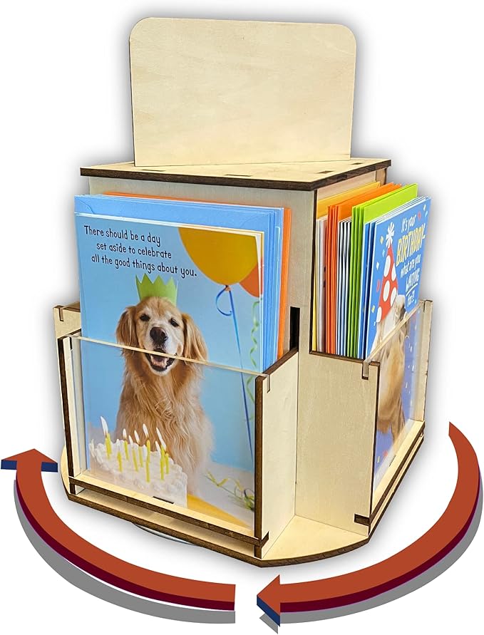 Rotating Greeting Card Display Stand, 1 Tier Wooden Organizer, 4-Sided Display Rack 360 Degree Spinning Multi-Pocket Display for Coasters, Stickers, Retail, Showcase, Tradeshow, 12.5”H (Natural)