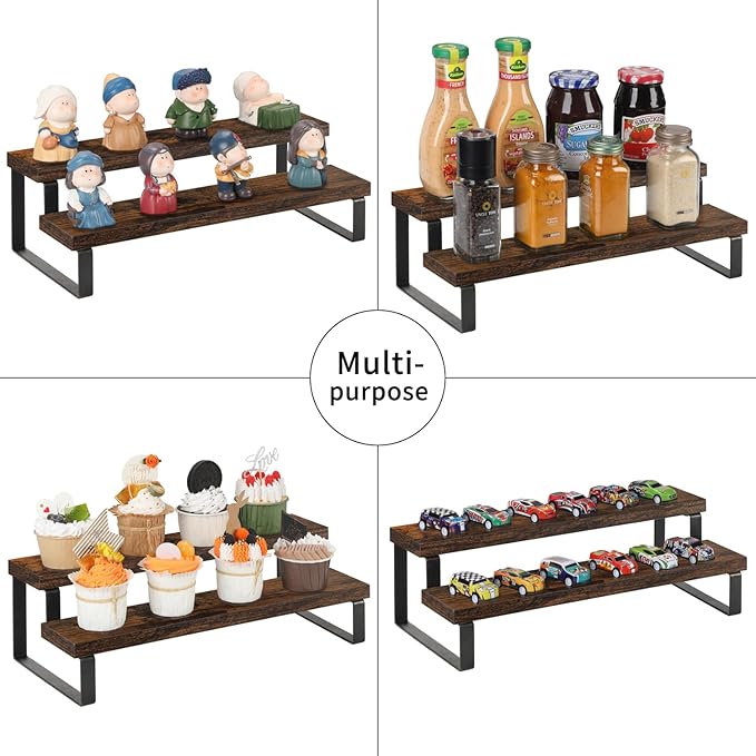 YINMIT Wooden Display Riser Stand, Tiered Perfume and Cologne Organizer Stand, 2 Tier Spice Rack Organizer, Rustic Display Shelf for Candles (2 Tier, 2 Pack)