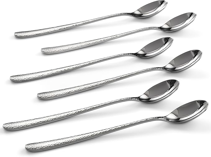 Hudson Essentials Hammered Iced Tea Spoons, 18/10 Stainless Steel Long Handle Spoons for Stirring Cocktails, Tea, Coffee, Set of 6 - Bergamo
