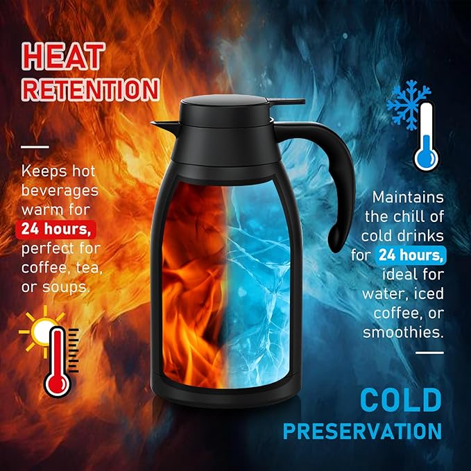 Thermal Coffee Carafe 2L/68 Oz Double-Wall Vacuum 304 Stainless Steel Insulated Thermoses Flask, 24-Hour Keeps Hot/Cold, Leak-Proof, for Travel, Work, Outdoor, BPA-Free, Easy to Clean