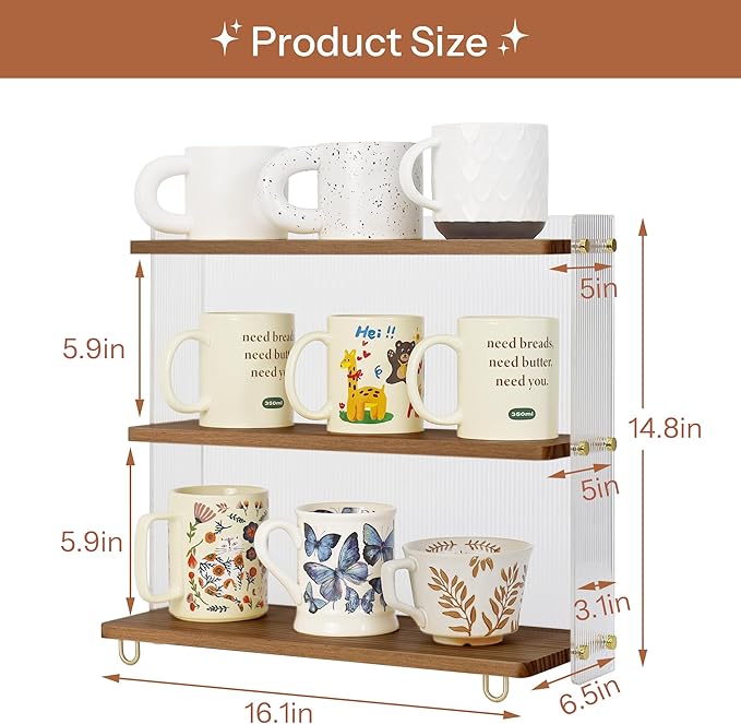 Coffee Mug Holder Wooden Cup Station Organizer 3 Tier Cup Holder for Coffee Bar Mug Display Rack for Countertop Mug Holder Shelf for Home Kitchen Walnut Wood