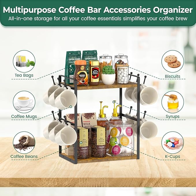 EsLuker.ly Coffee Station Bar Organizer Mug Holder Stand Countertop, 2 Tier Mug Cup Tree Rack for Kitchen Office, Storage Shelf with 12 Hooks, Creat Stylish Coffee Corner