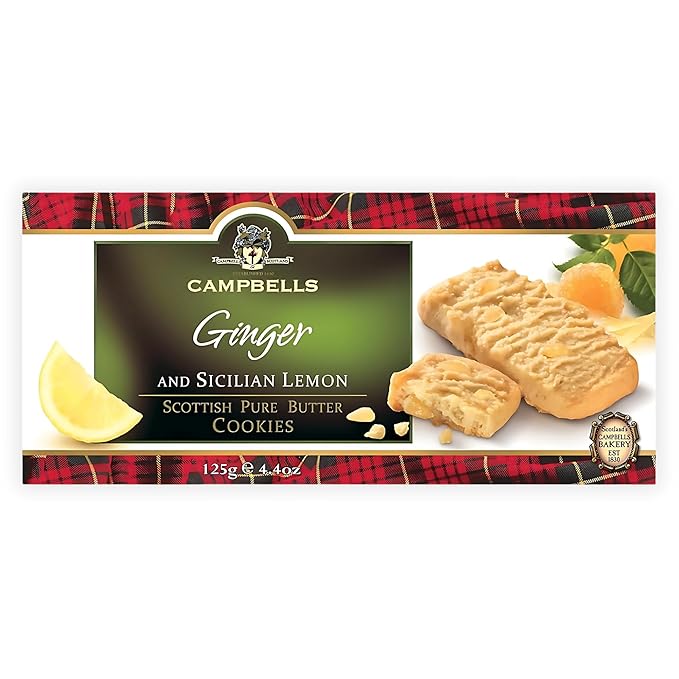 Campbells Shortbread with Stem Ginger & Sicilian Lemon 4.41 Oz (125g) - Pure Butter Scottish Shortbread Cookies from Scotland, Ginger Lemon Cookies, Gourmet British Tea Biscuits & Gift Box