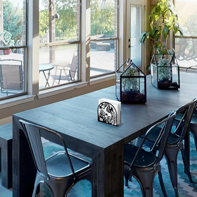 Seahorse and Coral Decorative Black Metal Napkin Holder for Table, 4.9" x 4.9" x 1.9" Ocean Standing Napkin Holder for Home Kitchen Restaurant Picnic Party Coffee Bar Dining Room