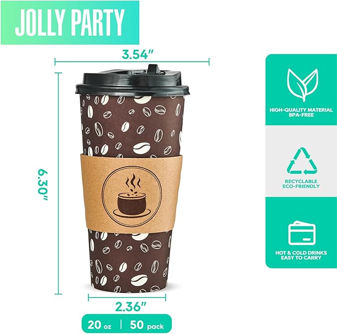 JOLLY PARTY Disposable Coffee Cups with Lids, Sleeves and Straws - 20oz(50 Pack) Paper Cups with Lids, Hot Coffee Cups for Shops, Cafes, and Concession Stands(Dark Brown)