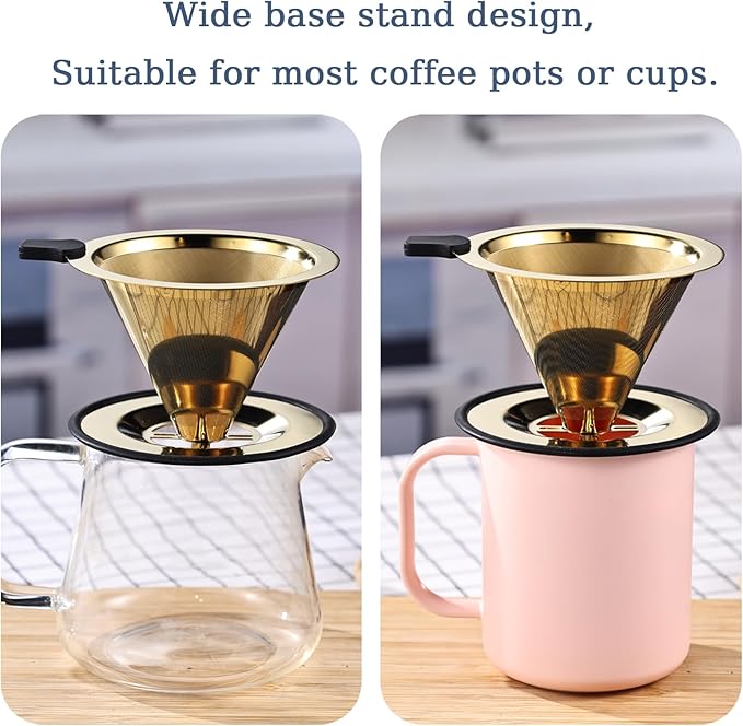 Small Size Pour Over Coffee Dripper, Stainless Steel Metal Cone Drip Coffee Filter, Paperless and Permanently Reusable, Double Mesh Coffee,TeaFilter for 1-2 Cups
