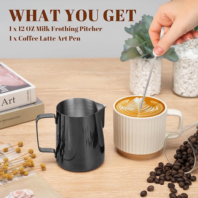 Milk Frothing Pitcher, 12 oz Milk Frother Cup with Clear Scale, 304 Stainless Steel Cappuccino Espresso Machine Accessories for Barista Coffee Bar with Latte Art Pen, Bright Black