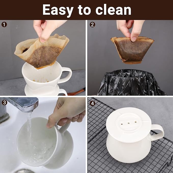 Segarty Pour Over Coffee Maker, Single Cup White Ceramic Coffee Dripper, Size No.2 Reusable Filter Cone Drip Holder Slow Brewer with 3 Holes Flat Bottom for Home, Office, Travel, Camping