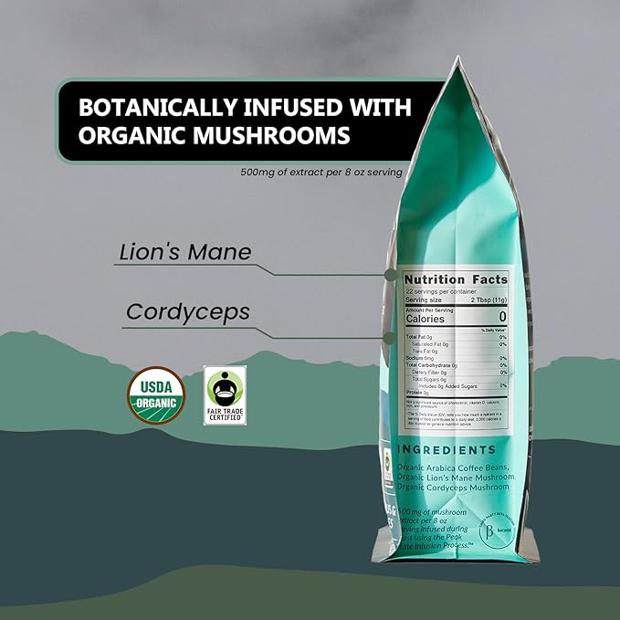 Peak State BRAIN SUSTAIN Coffee - Dark Roast - Whole Bean Lion's Mane Mushroom Coffee - Mold Free, Mycotoxin Free, Organic, Non-GMO, Low Acid (12 oz, Whole Bean)