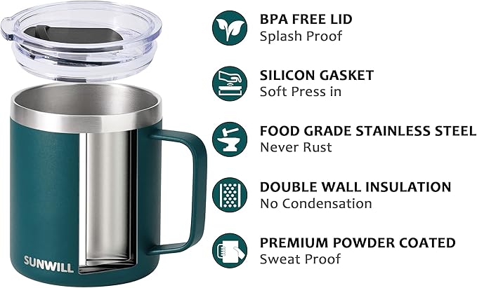 SUNWILL Travel Coffee Mugs Set of 4, Insulated Cup with Lid, 14oz Stainless Steel Tumbler with Handle Bulk for Gift, Camping, Office, Powder Coated Forest Green