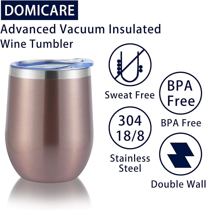 DOMICARE Stainless Steel Wine Tumbler Bulk with Lid, Personalized Rose Gold Insulated Tumblers Set, 12oz Travel Coffee Cups Pack of 12