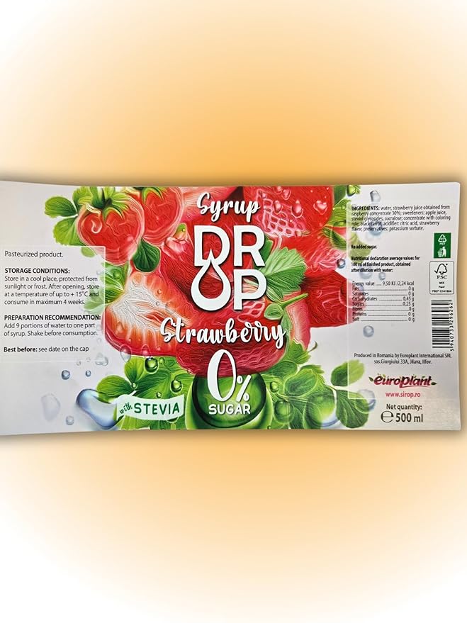 Drop Strawberry Sugar-Free Syrup,Natural Stevia,100% Pure Extract,Natural Sweet,16.9floz,Premium Flavoring,30% Concentrate,Zero Calories,Non-GMO Diabetic & Keto-Friendly,Ideal for Drinks & desserts