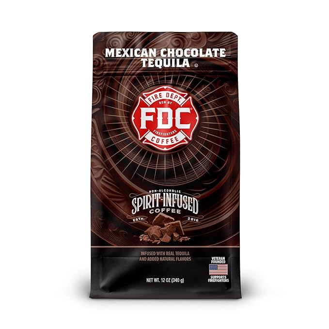 Fire Department Coffee - Gives Back to Firefighters - Mexican Chocolate Tequila Infused Whole Bean Coffee - Medium Roast - Non-Alcoholic - Roasted in the USA - Veteran Owned - 12 oz