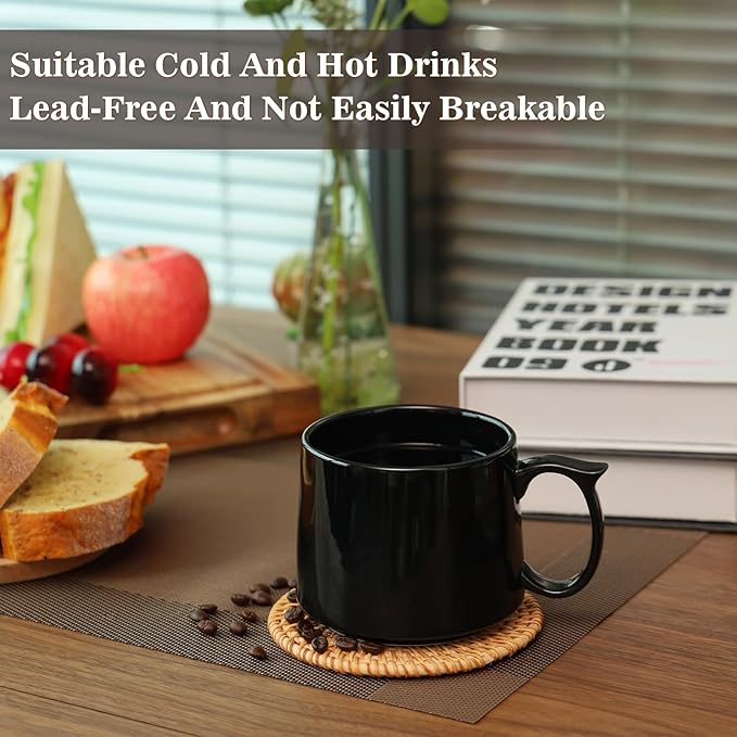 Coffee Mugs Gift Set of 4, Large 19 oz Stackable Ceramic Coffee Mug, Coffee Cups with Large Handle for Latte, Cappuccino, Milk, Tea, Dishwasher & Microwave Safe, Ideal for Men, Women - Black