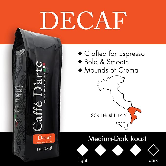Caffe D'arte Decaf Whole Bean Espresso Coffee – Bold & Smooth Medium Dark Roast with Rich Crema – Crafted for Espresso Machines – 1 lb Bag, Pack of 2