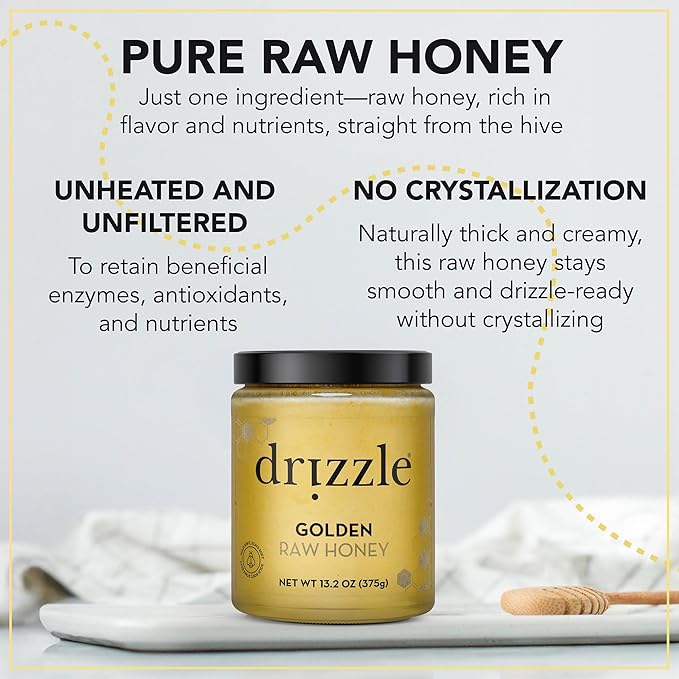 Drizzle Golden Raw Honey - All Natural Pure Raw Honey, Unfiltered & Unheated, Use in Tea & Coffee, Sugar Substitute, Certified Kosher - 13.2 oz Jar (375 g)