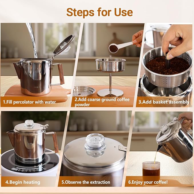 No Coating 9 Cup Percolator Coffee Pot 304 Stainless Steel Moka Pot Stovetop Espresso Maker Italian Greca Cuban Machine 1500ml 50.7oz Suitable for Gas Induction Stovetop Camping Kettle