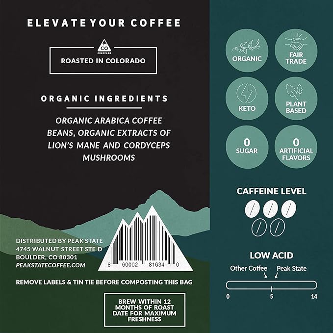 Peak State BRAIN SUSTAIN Coffee - Dark Roast - Whole Bean Lion's Mane Mushroom Coffee - Mold Free, Mycotoxin Free, Organic, Non-GMO, Low Acid (12 oz, Whole Bean)