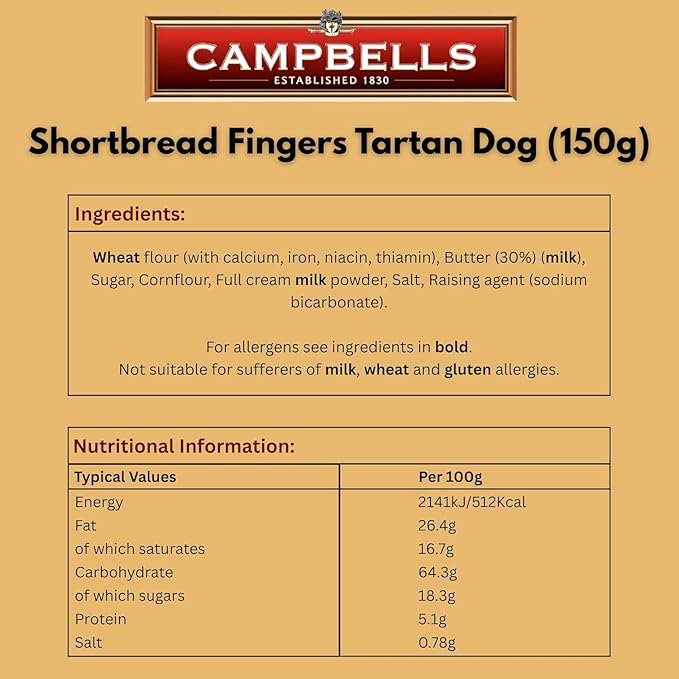 Campbells Shortbread Fingers Tartan Dog Carton 5.3 Oz (Pack of 3) - Pure Butter Scottish Shortbread Cookies from Scotland, British Tea Biscuits & Snacks, Crumbly All-Butter Fingers, Cookie Gift Box
