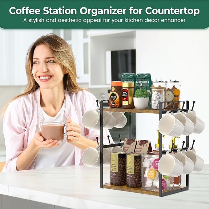 EsLuker.ly Coffee Station Bar Organizer Mug Holder Stand Countertop, 2 Tier Mug Cup Tree Rack for Kitchen Office, Storage Shelf with 12 Hooks, Creat Stylish Coffee Corner