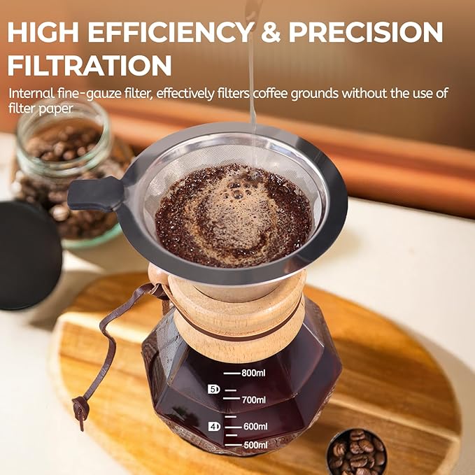 Pour Over Coffee Maker 800ml with 304 Stainless Steel Filter and Wooden Collar Holder Borosilicate Glass Drip Coffeemaker Server Set Clear Hand Brew Dripper Carafe for Home Camping Travel 27oz