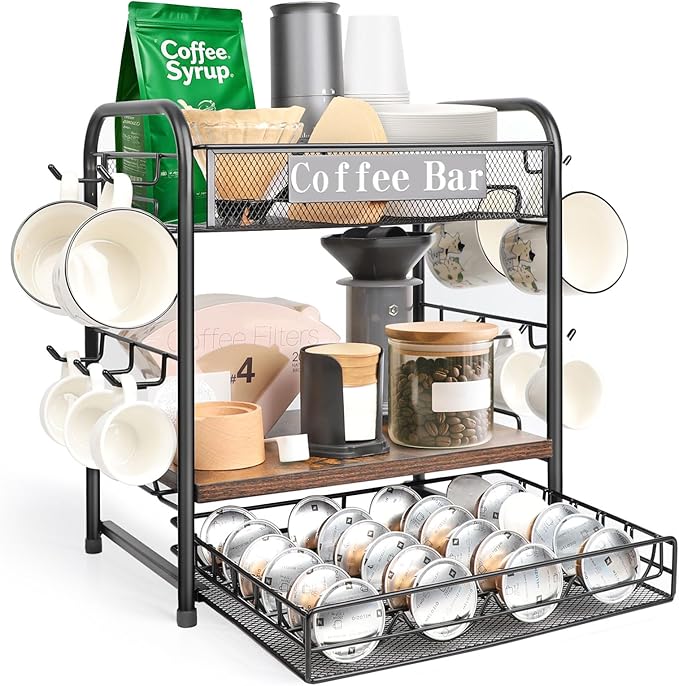 Coffee Bar Organizer, Station Mug Holder for Countertop, Multi-Functional 3 Tier Coffee Cup Tree Rack for Kitchen, Storage Shelf with 10 Hooks, Vertuo Pods Drawer for Home Office