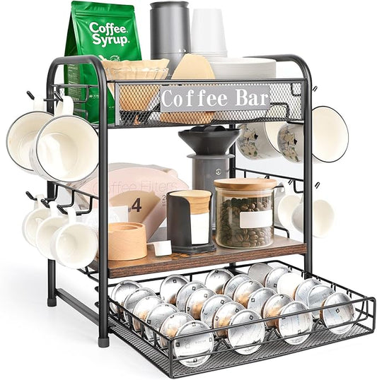 Coffee Bar Organizer, Station Mug Holder for Countertop, Multi-Functional 3 Tier Coffee Cup Tree Rack for Kitchen, Storage Shelf with 10 Hooks, Vertuo Pods Drawer for Home Office