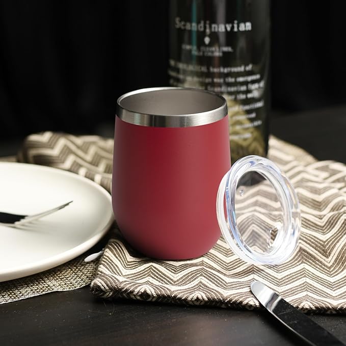 DOMICARE Stainless Steel Wine Tumbler Bulk with Lid, Personalized Insulated Tumblers Set, 12oz Travel Coffee Cups Pack of 4, Red