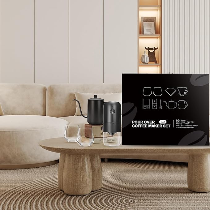 SuperCook Coffee Pour Over Kit Hand Drip with Kettle, Electric Grinder, Camping Travel Coffee Kit Ideal for Anniversary Birthday Gift