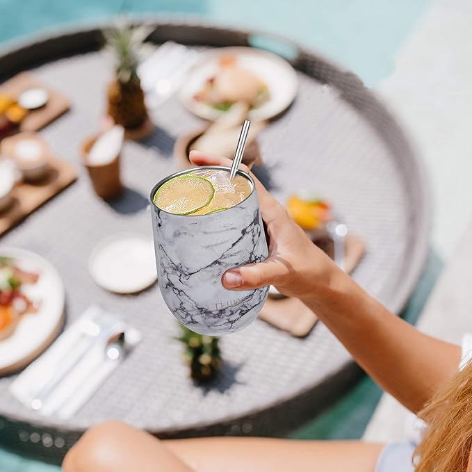 THILY Vacuum Insulated Stemless Wine Tumbler 12 oz Stainless Steel Wine Glass with Lid and Straw, Keep Cold or Hot for Coffee, Cocktails, Christmas Birthday Gift, 2 Pack(White Marble + Opal Marble)