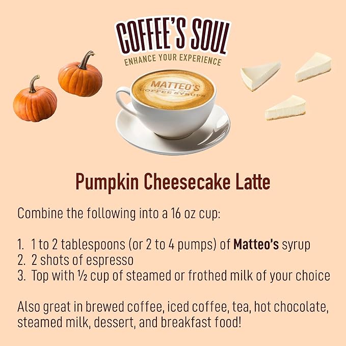 Matteo's Pumpkin Cheesecake Syrup for Coffee, Lattes, Cappuccinos & Desserts – Sugar-Free Sweetener for Beverages, Keto Friendly, Zero Calories, Indulgent Flavor, Non-Alcoholic, 33.8oz (6pk)