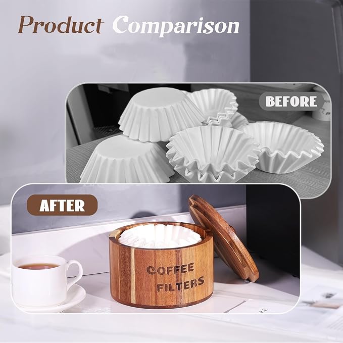 Natural Acacia Wood Coffee Filter Holder with Lid, Multi-Use Countertop Organizer for Coffee Filters, Pods, Beans - Rustic Kitchen Decor