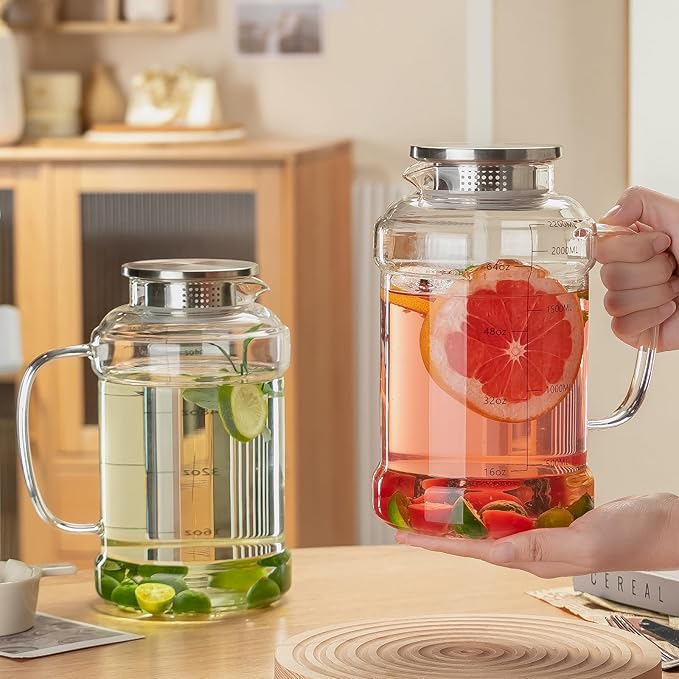 Glass Pitcher with Lid, 2 PACK 74 oz/2.2L Water Pitcher, Clear Borosilicate Glass Water Carafe for Cold Brew, Coffee, Lemonade, Iced SunTea,Beverage, Heat Resistant Water Glass Jug