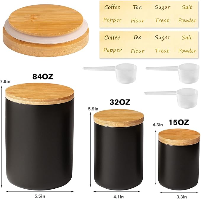 Yangbaga Black Ceramic Canister Set for Kitchen-Set of 3 Kitchen Canisters for Countertop with Airtight Wood Lids,Large Kitchen Storage for Flour,Suger,Coffee-Modern Countertop Decor