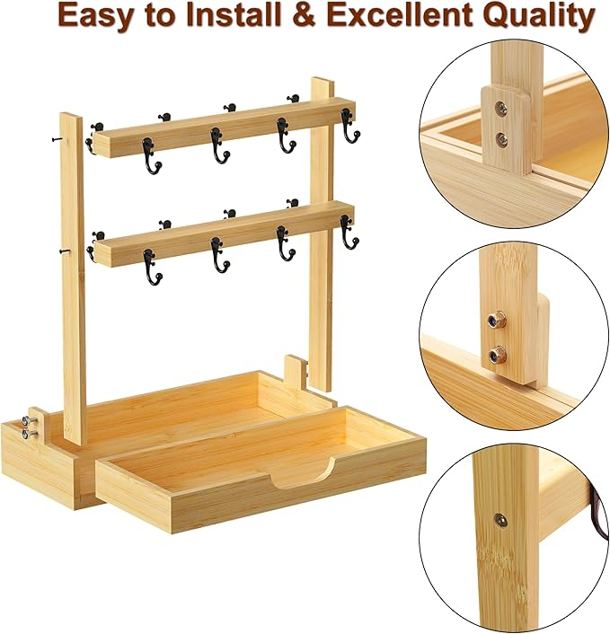 Coffee Mug Holder for Counter Top with 16 Hooks, 2 Tier Coffee Mugs Tree with Coffee Pod Drawer, Bamboo Countertop Mug Rack Shelf, Cups Organizer Stand for Home Coffee Bar Kitchen Storage Display