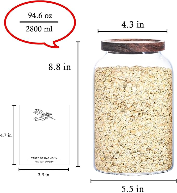 Large Glass Jar with Airtight Lid 94 FL OZ Glass Canister Set Wooden Lids Glass Food Storage Containers for Kitchen Counter Flour Tea Coffee Beans Sugar Cookies Overnight Oats (2pcs 2.8L)