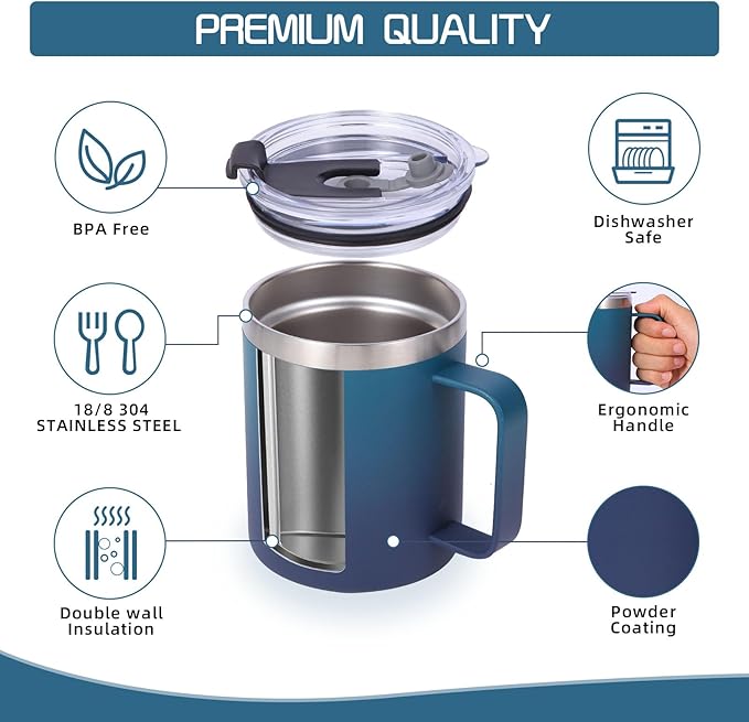 Volhoply 12oz Insulated Leakproof Coffee Mug with Flip & Straw Lid Bulk 4 Pack,Double Wall Vacuum Stainless Steel Travel Tumbler Cup with Handle,Camping Mugs Keep Cold/Hot(Dark Night,4 Set)