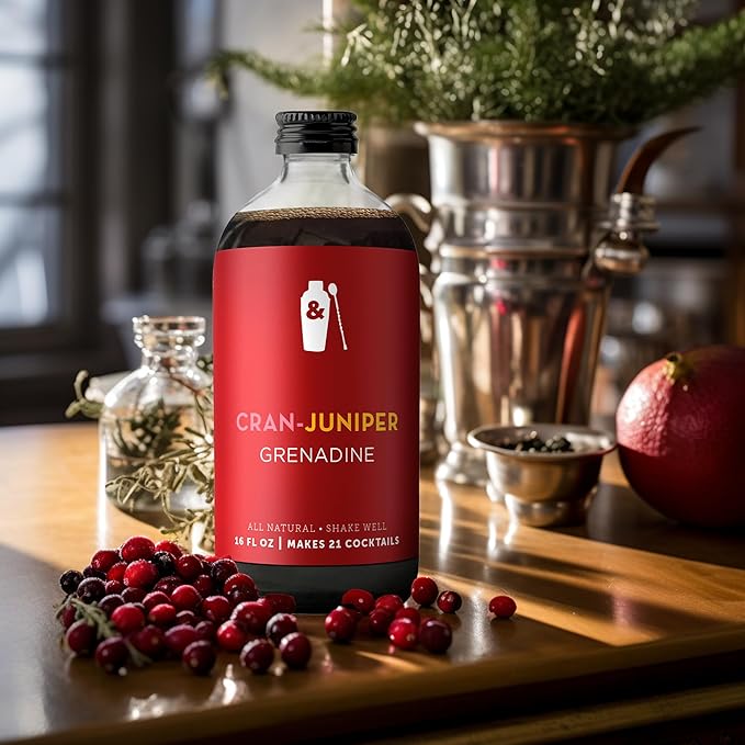 Shaker & Spoon Grenadine Cocktail Syrup, 16oz Cranberry, Juniper & Cardamom Flavored Syrups for Drinks, Vegan Craft Cocktail Mixers for Mocktails, Non Alcoholic Drinks