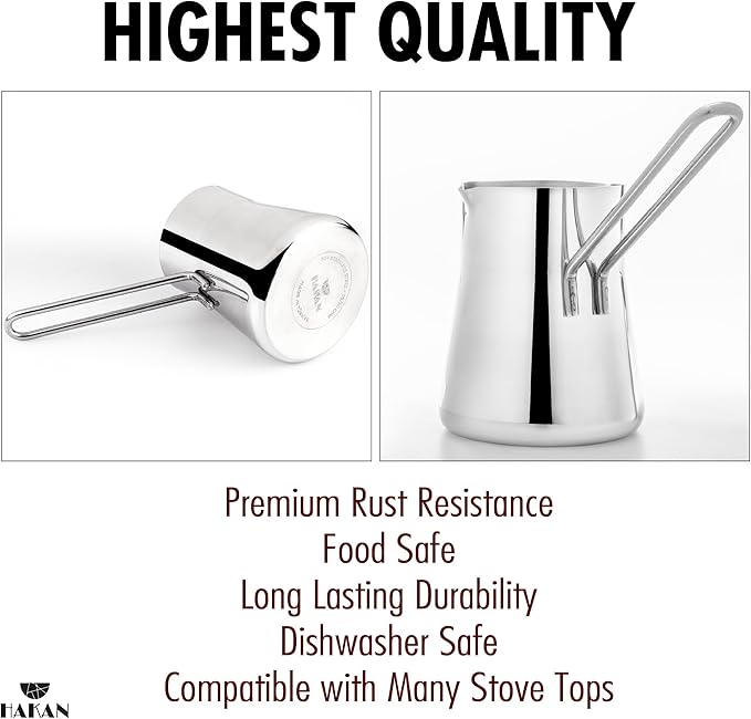 Hakan Topkapı Stainless Steel Turkish Coffee Pot, 16.9 Oz, 500 cc Midi Greek Arabic Coffee Maker with Spout, Stove Top Coffee Maker in Box, Milk Warmer with Handle, Chai Pot Cezve, Ibrik, Briki