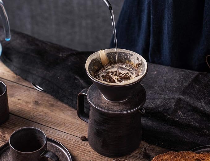 Handmade Stoneware Pour Over Drip Coffee Maker & Cups Set, Coffee Brewer Dripper Cone Filter, Coffee Decanter & Espresso Cups & Saucers Gift Set, Annular Veins Retro Metallic Glazed,16oz