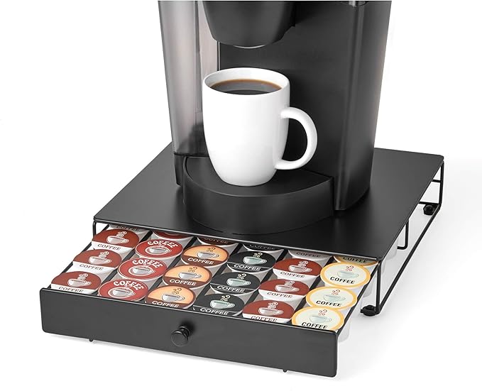 Nifty Coffee Pod Drawer – Compatible with K-Cups, 36 Pod Pack Holder, Non-Rolling, Compact Under Coffee Pot Storage Sliding Drawer, Home Kitchen Counter Organizer, Black