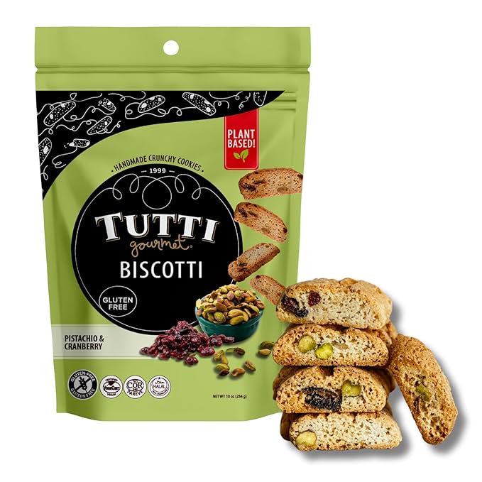 Tutti Gourmet Gluten Free Pistachio & Cranberry Biscotti, 9.9 oz (283g) Resealable Cookie Bag, Vegan and Halal Snacks
