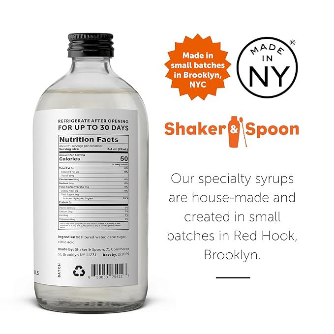 Shaker & Spoon Simple Syrup, 16oz Simple Syrup for Cocktails and Drinks, Simple Sugar, Craft Cocktail Syrups for Mocktails, Non Alcoholic Drinks, Cocktail Mixers, Tea, Coffee Syrups