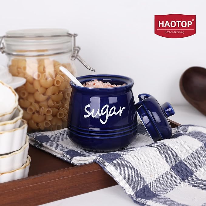 HAOTOP 12oz Sugar Bowl with Lid and Spoon,Ceramic Sugar Jar Sugar Dispenser Sugar Container Coffee Bar Accessories, Kitchen Countertop Canisters, Navy